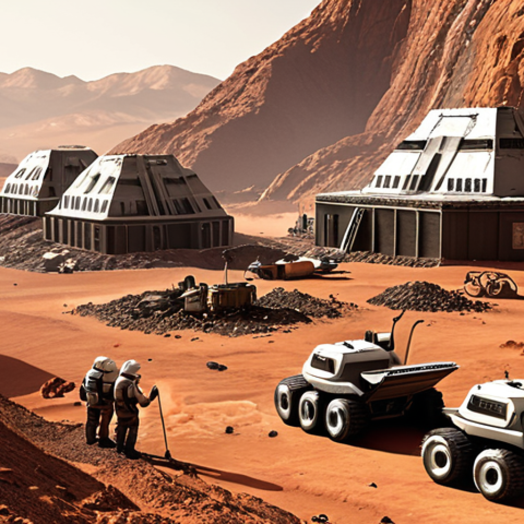 **A Martian colony under the control of a mining corporation, depicting overworked and underpaid settlers toiling in harsh conditions, contrasted with corporate luxury. The overall scene should convey a sense of corporate exploitation in a futuristic setting.**